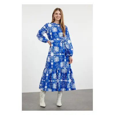 Trendyol Navy Blue Belted Floral Woven Dress