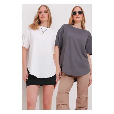 Trend Alaçatı Stili Women's White Anthracite Crew Neck 2-Pack Oval Cut Modal T-Shirt