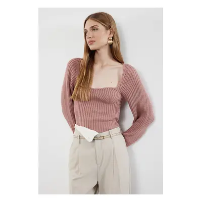 Trendyol Pink Crop Heart Collar Knitwear Sweater