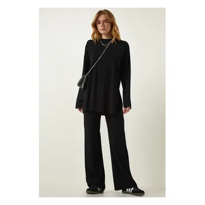 Happiness İstanbul Women's Black Ribbed Knitted Blouse Pants Suit