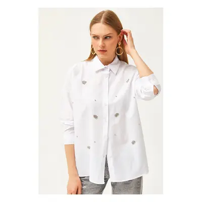 Olalook Women's White Stone Detailed Woven Shirt