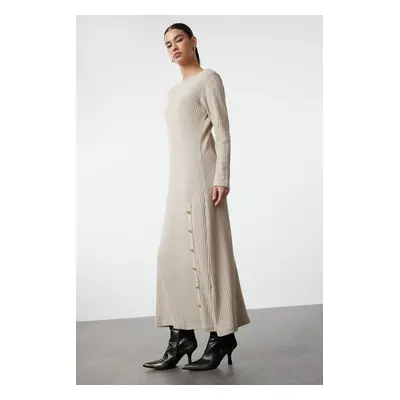 Trendyol Beige Button Detailed Corduroy Knitted Dress