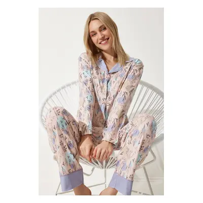 Happiness İstanbul Women's Light Pink Patterned Shirt-Pants Knitted Pajama Set