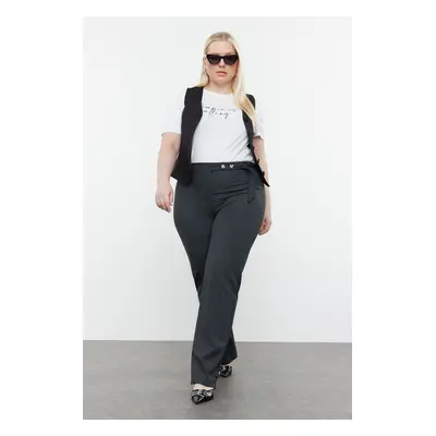 Trendyol Curve Anthracite Straight Cut Woven Leg and Belt Buttoned Fabric Trousers