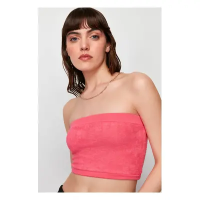 Trendyol Fuchsia Plain Strapless Collar Super Crop Knitted Blouse