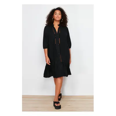 Trendyol Curve Black V-Neck Flounce Hem Button Detailed Beach Dress