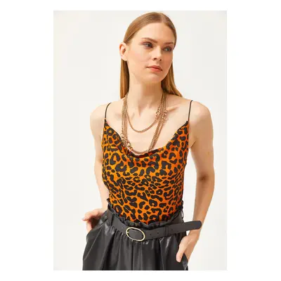 Olalook Women's Leopard Orange Turndown Collar Rope Strappy Blouse