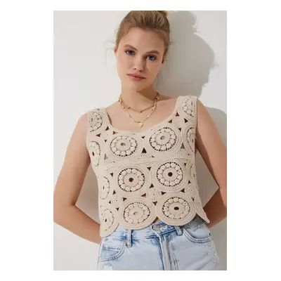 Happiness İstanbul Women's Beige Openwork Summer Crop Knitwear Blouse