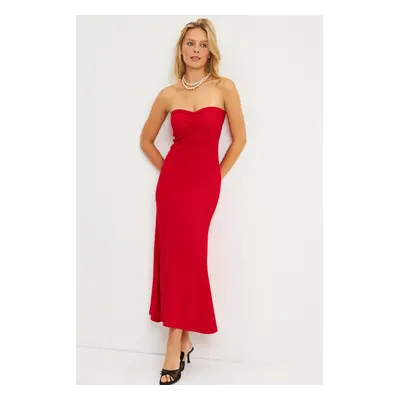 Cool & Sexy Women's Red Wrapped Strapless Midi Dress