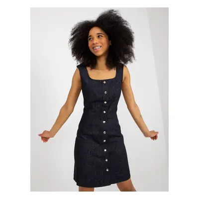 Lady's dark blue denim dress on hangers