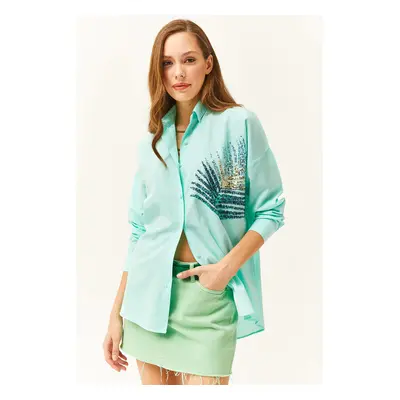 Olalook Women's Aqua Green Palm Sequin Detailed Oversize Woven Poplin Shirt