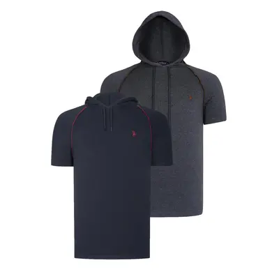 DUAL SET T8570 DEWBERRY HOODED MEN'S T-SHIRT-ANTHRACITE-NAVY BLUE