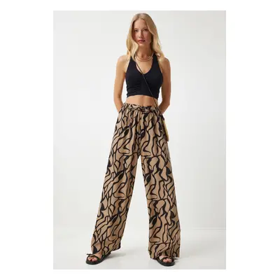 Happiness İstanbul Women's Beige Black Patterned Loose Viscose Palazzo Trousers