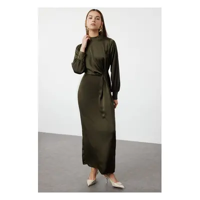 Trendyol Dark Khaki Waist Gathered Satin Evening Dress