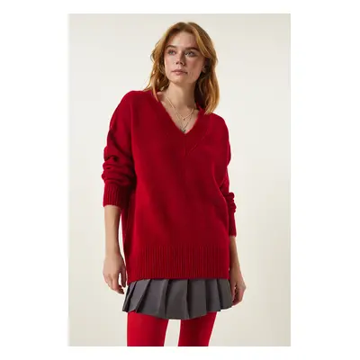 Happiness İstanbul Women's Red V-Neck Oversize Knitwear Sweater