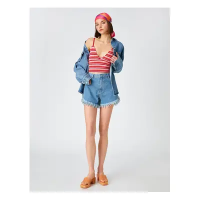 Koton Denim Shorts High Waist, Tassels Pocket Cotton.