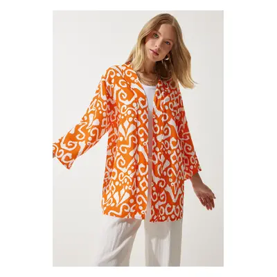 Happiness İstanbul Women's Orange Ecru Patterned Viscose Kimono