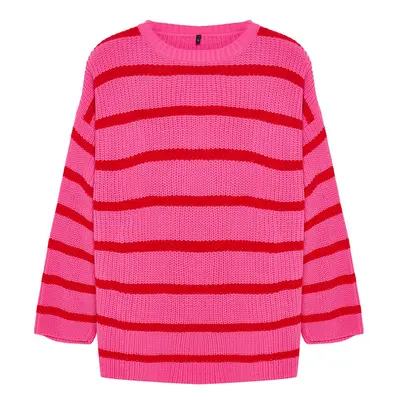 Trendyol Curve Pink Striped Relax Pattern Off Shoulder Knitwear Sweater