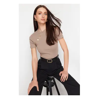 Trendyol Mink Button Detailed Ribbed Fitted/Fitted Stretch Knitted Blouse