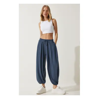 Happiness İstanbul Women's Indigo Blue Pleated Comfortable Modal Baggy Trousers