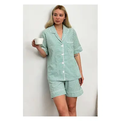 Trend Alaçatı Stili Women's Green Striped Connector Shorts Pajamas Suit