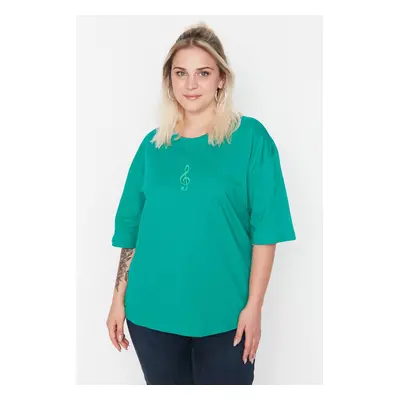 Trendyol Curve Green Wide Fit Embroidered Knitted T-Shirt