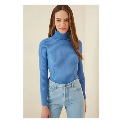 Happiness İstanbul Women's Blue Turtleneck Ribbed Lycra Sweater