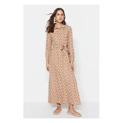 Trendyol Camel Belted Floral Pattern Woven Shirt Dress