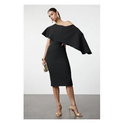 Trendyol Black Fitted Cape Detailed Woven Elegant Evening Dress