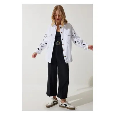 Happiness İstanbul Women's White Star Embroidered Oversize Shirt Jacket