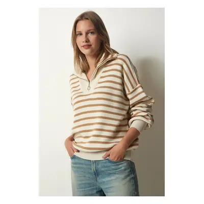 Happiness İstanbul Women's Cream Biscuit Striped Zipper Collar Knitwear Sweater