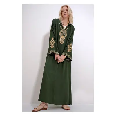 Trend Alaçatı Stili Women's Walnut Green Embroidered Dress