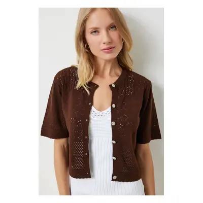 Happiness İstanbul Women's Brown Openwork Seasonal Knitwear Cardigan