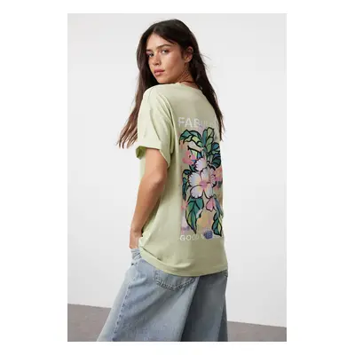 Trendyol Mint 100% Cotton Back and Front Printed Oversize/Wide Cut Knitted T-Shirt