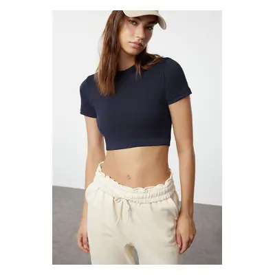 Trendyol Dark Navy Blue Crop Lightly Supported Soft Textured Crew Neck Knitted Sports Top/Blouse