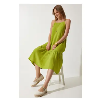 Happiness İstanbul Women's Pistachio Green Strappy Summer Loose Muslin Dress