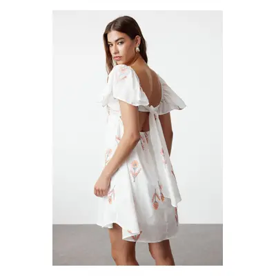 Trendyol Mini Woven Dress with Ecru Floral Skirt, Opening at the Waist, Back Detail and Gimped F