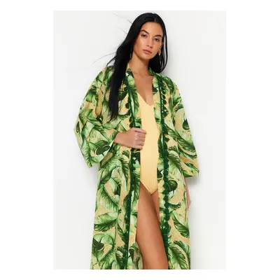 Trendyol Tropical Patterned Belted Midi Woven Kimono & Kaftan 100% Cotton with Tassels