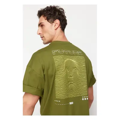 Trendyol Khaki Oversize Puffy Printed Short Sleeve T-Shirt