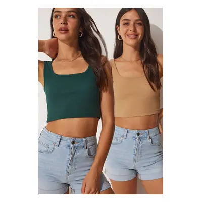 Happiness İstanbul Women's Biscuit Emerald Green Strappy Crop 2-Pack Knitted Blouse