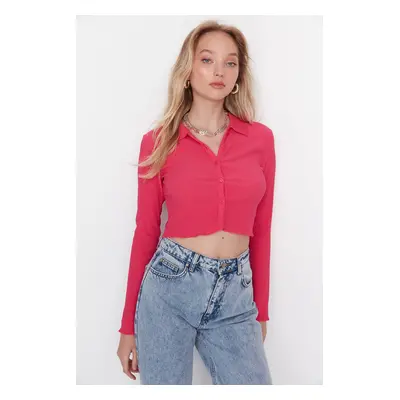 Trendyol Fuchsia Buttoned Fitted Polo Neck Wrap/Textured Crop Knitted Blouse