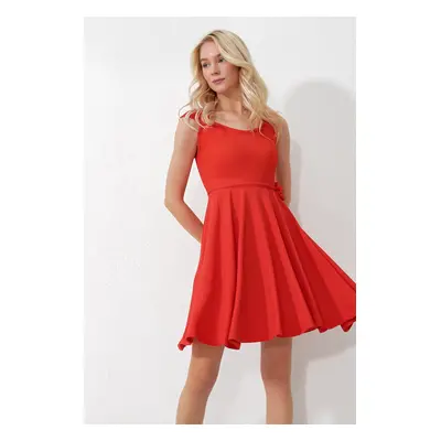 Trend Alaçatı Stili Women's Coral Thick Strappy Skirt Flounce Tied Belted Dress