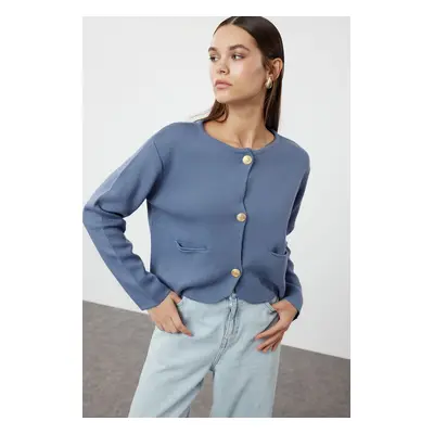 Trendyol Blue Crew Neck Jacket Look Knitwear Cardigan