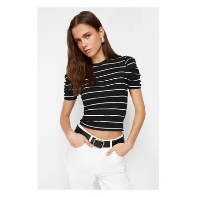 Trendyol Black Striped Fitted Balloon Sleeve Ribbed Stretchy Knitted Blouse