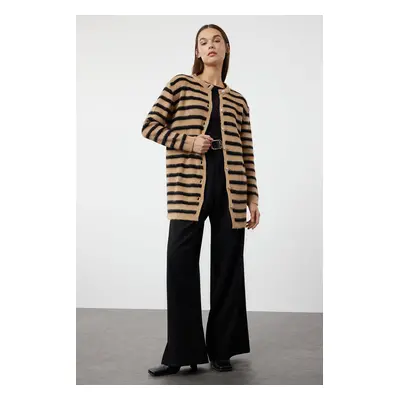 Trendyol Brown Striped Gold Button Detailed Soft Textured Knitwear Cardigan