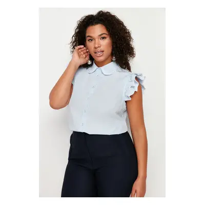 Trendyol Curve Blue Shoulder and Collar Embroidery Detail Woven Shirt