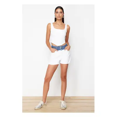 Trendyol White Color Block High Waist Denim Shorts