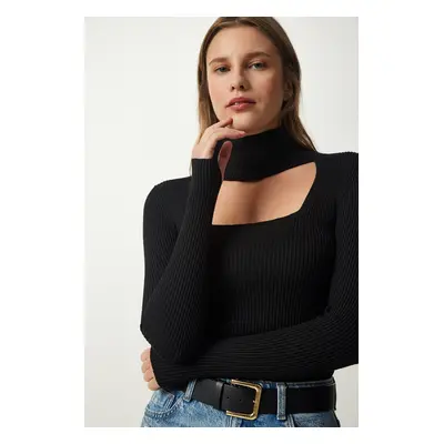 Happiness İstanbul Women's Black Cut Out Detailed High Neck Ribbed Knitwear Sweater