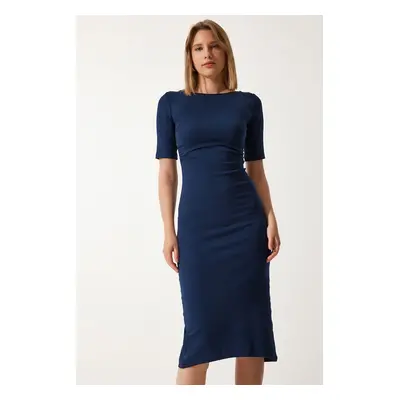 Happiness İstanbul Women's Navy Blue Gather Detailed Summer Knitted Dress