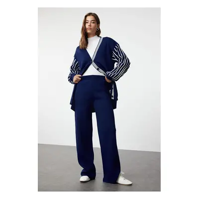 Trendyol Navy Blue Patterned Balloon Sleeve Knitwear Cardigan Trousers Top and Bottom Set